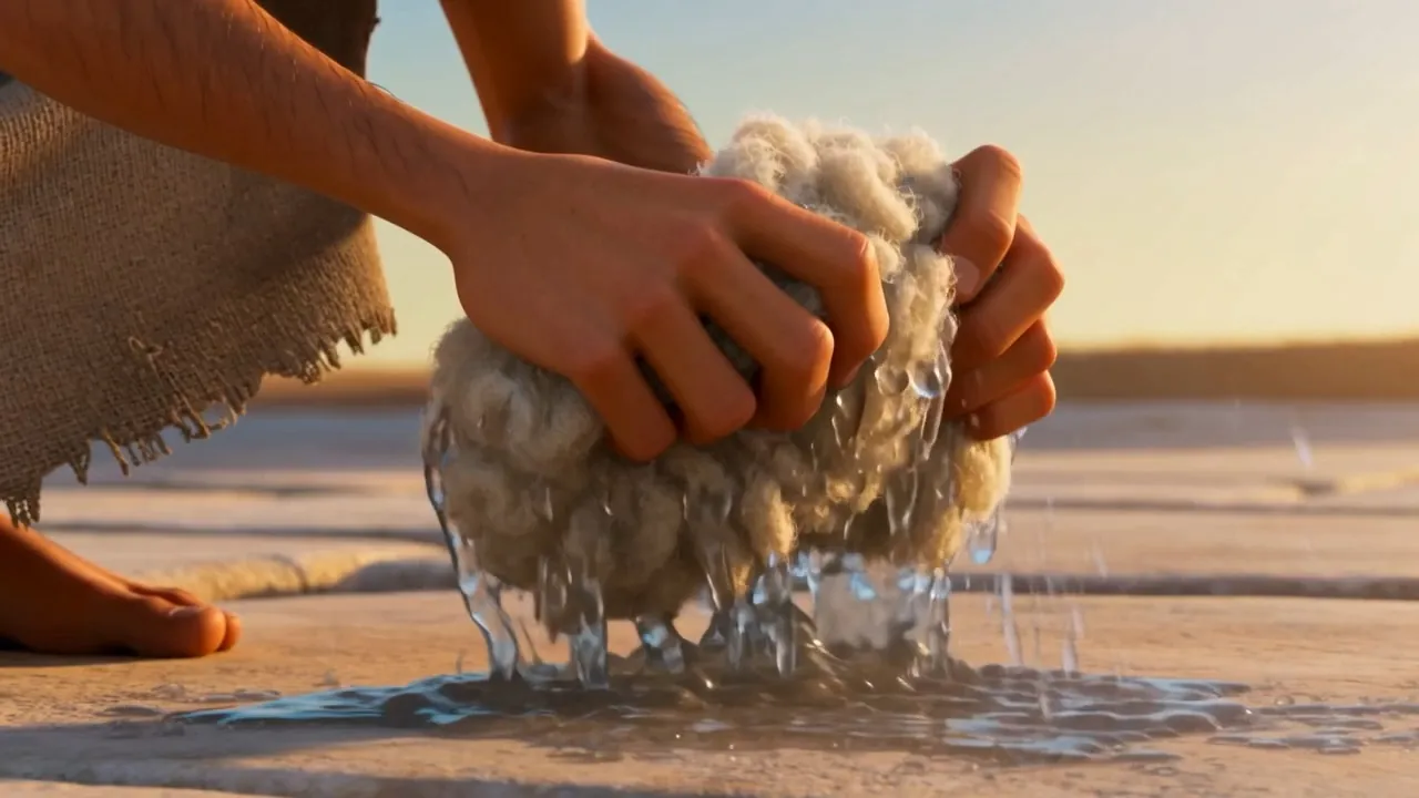Water running from the wool onto dry stone