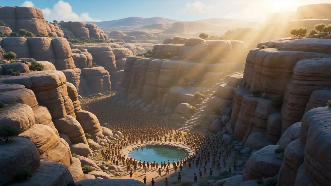 The whole army funnelling down to a pool in the rocks
