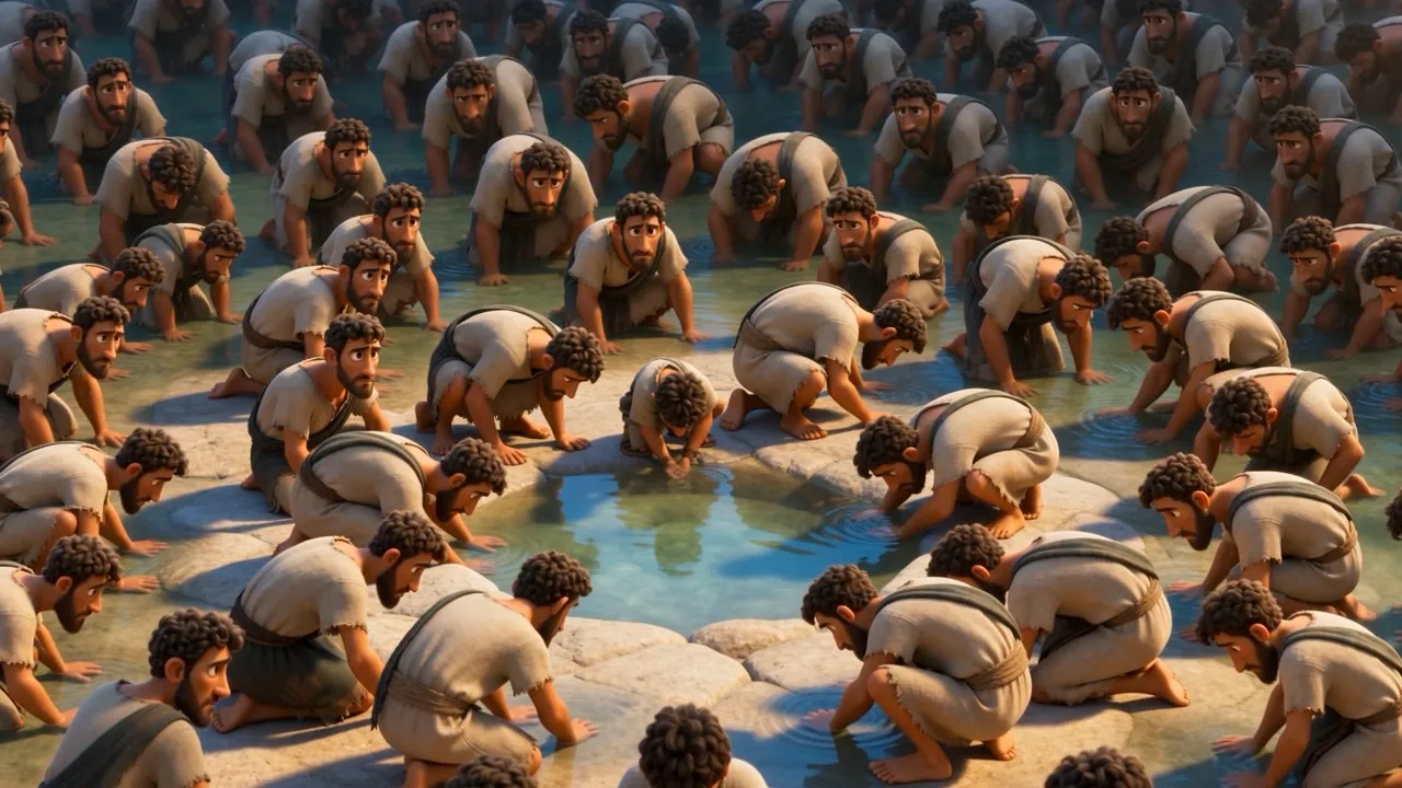 Men kneeling at the water's edge to drink