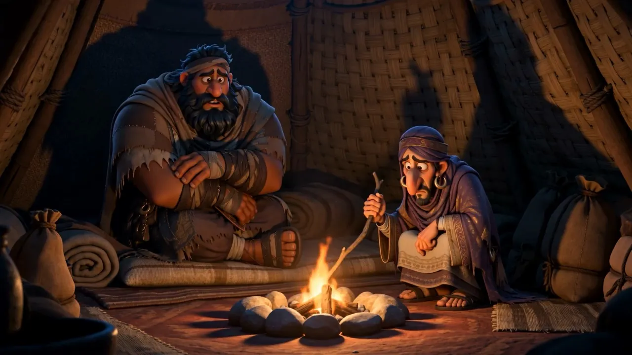 Inside a tent, two soldiers over a small fire