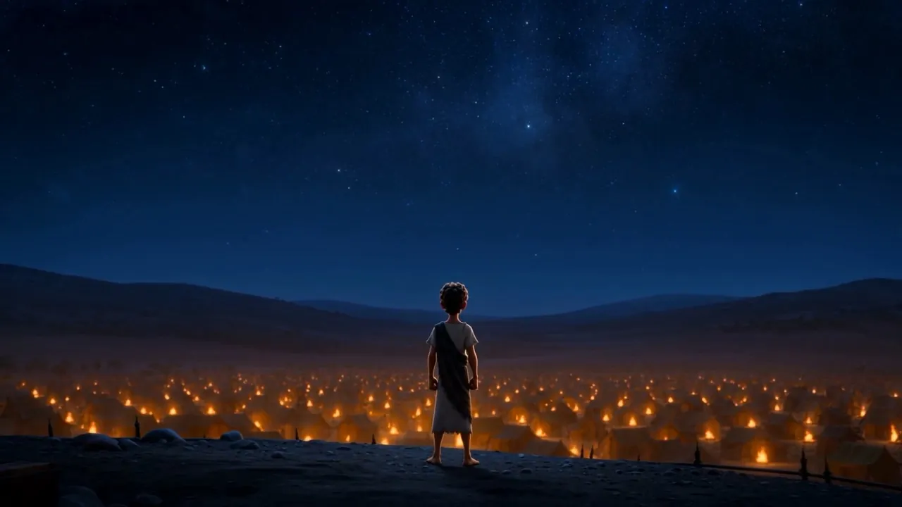 A lone figure looking back over the sleeping camp
