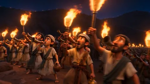Three hundred men raise torches and trumpets in the dark