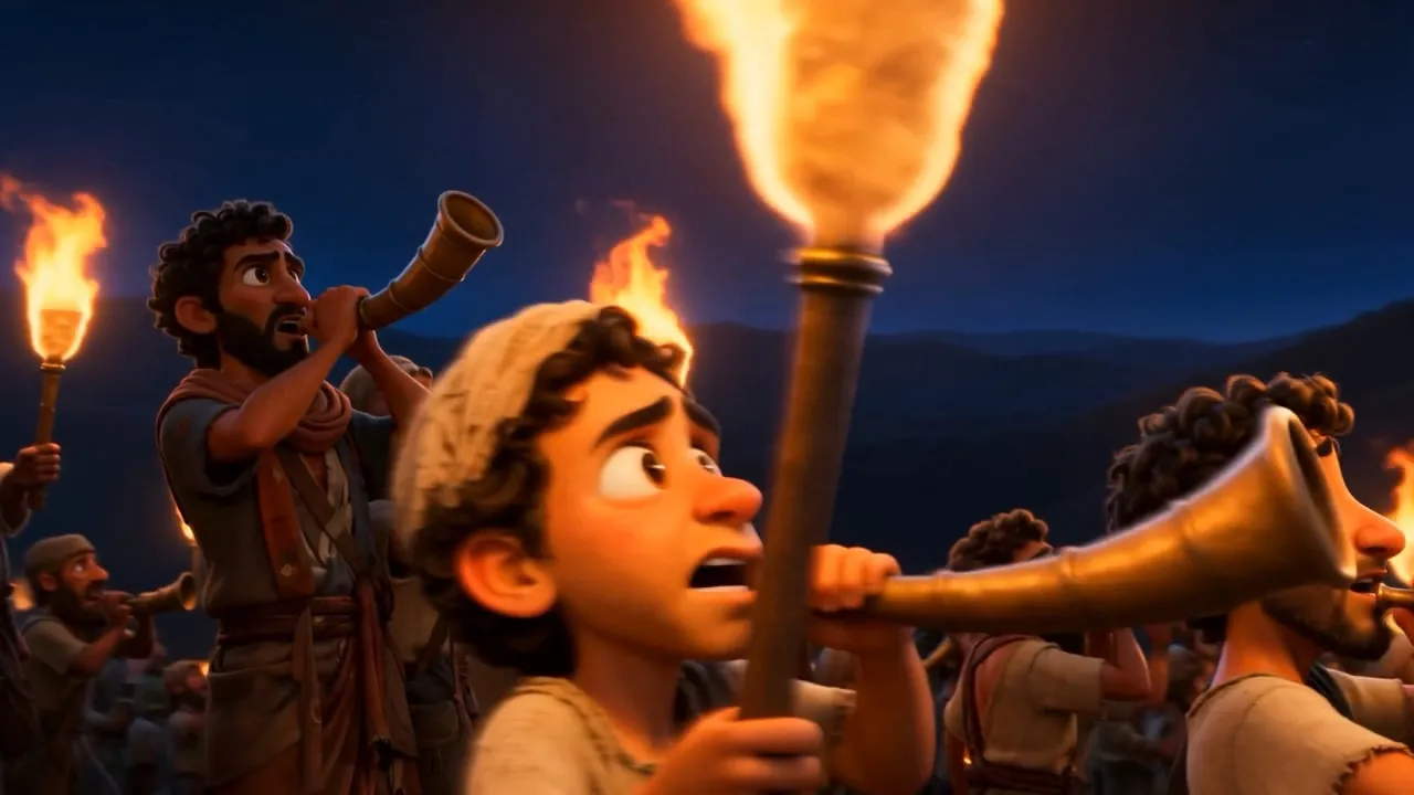 A face lit by torchlight, horn to his mouth