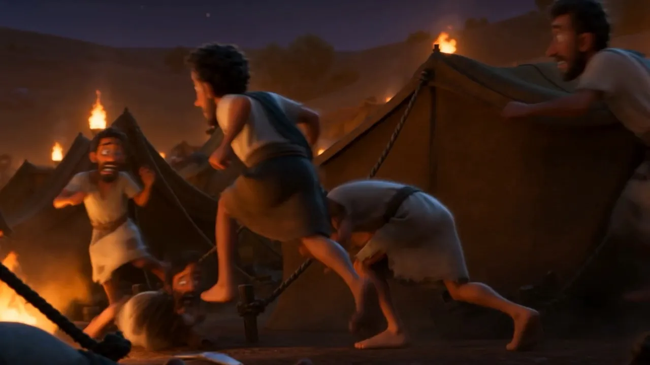 Men bolt out of tents into the confusion