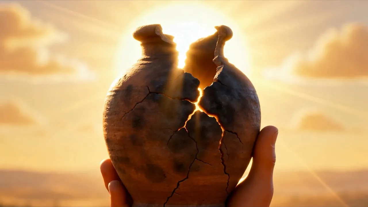 A broken clay jar held up against the sun