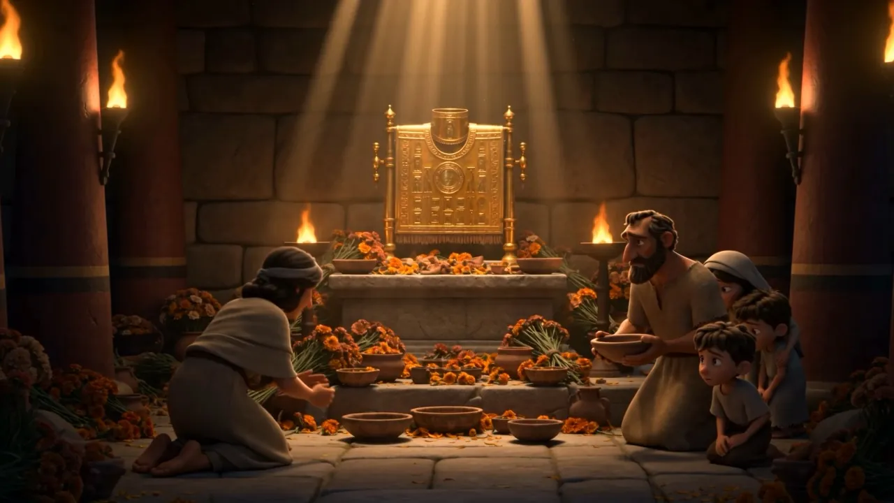 It stands in a shrine with flowers heaped in front of it