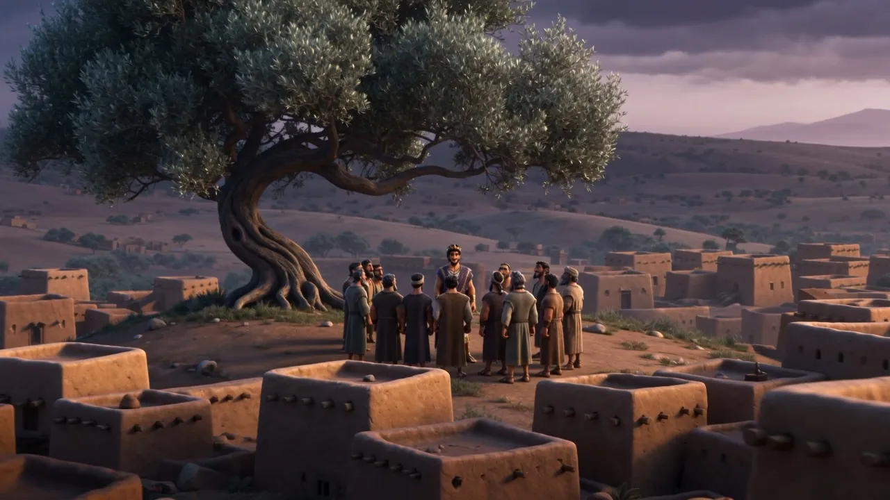 Men gathered under a great tree above a town at dusk