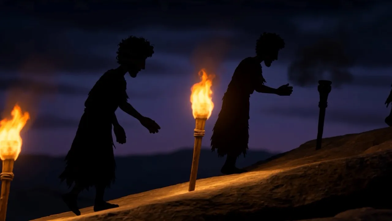 Two figures silhouetted against a torch