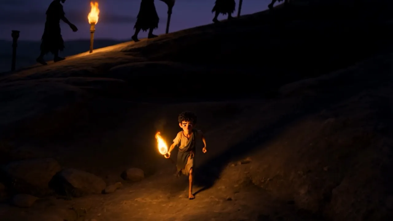 A boy running the other way, alone, carrying a torch