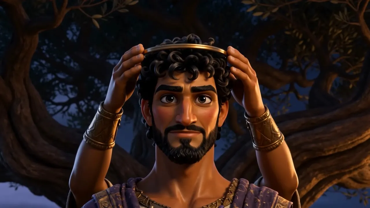 A crown lowered onto a young man's curls