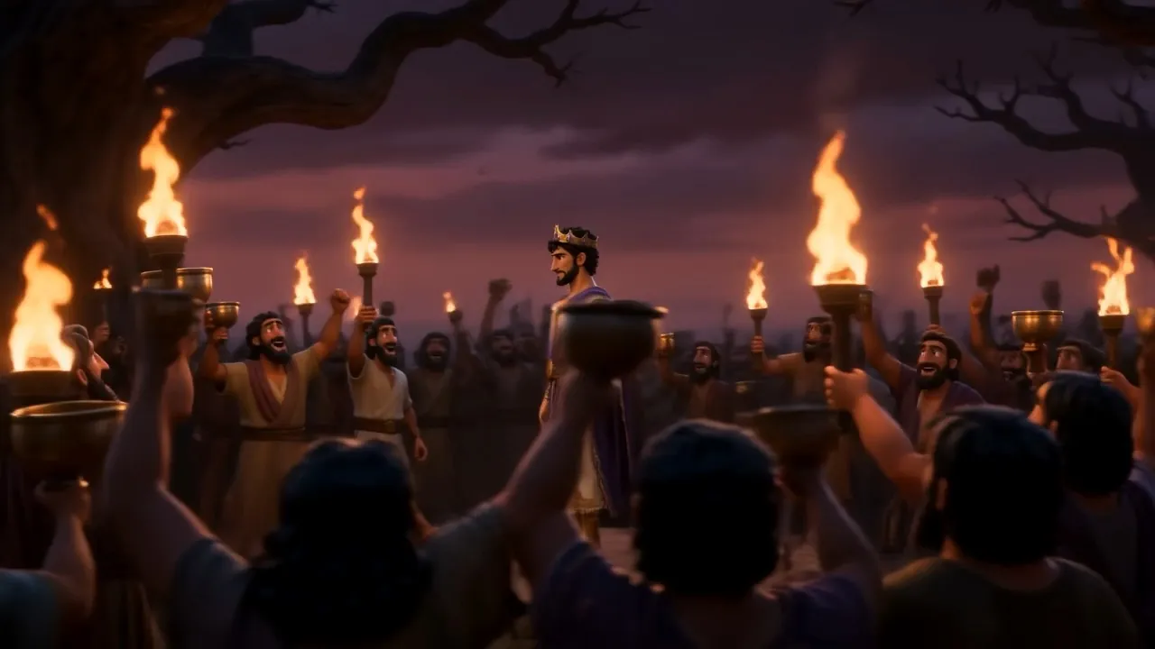 Torches raised all round him