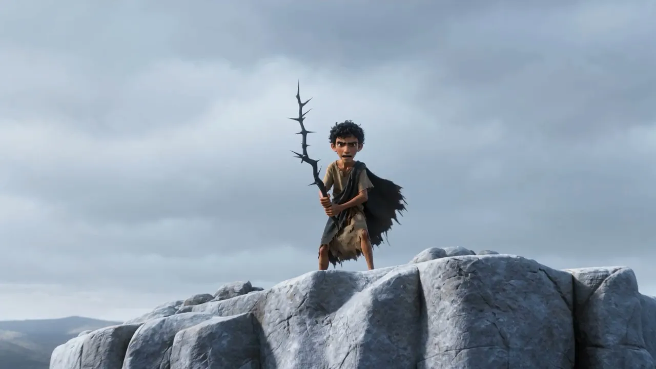 A boy standing on a white rock, holding something up