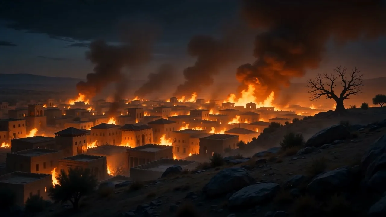 A whole town burning in the dark