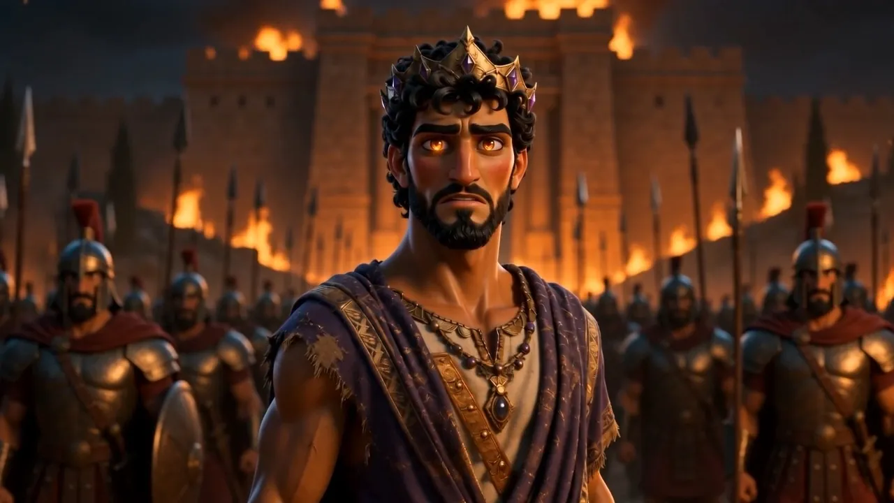 Firelight on his face and his crown