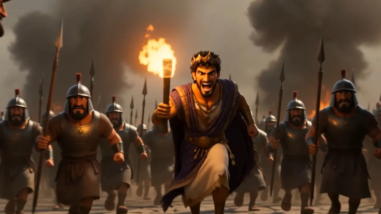 The king leads his men at a gate, torch high