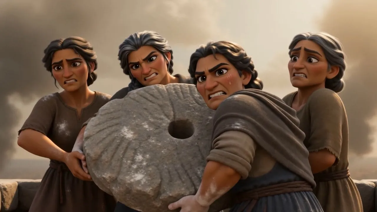 Up on the roof, women heave at something heavy