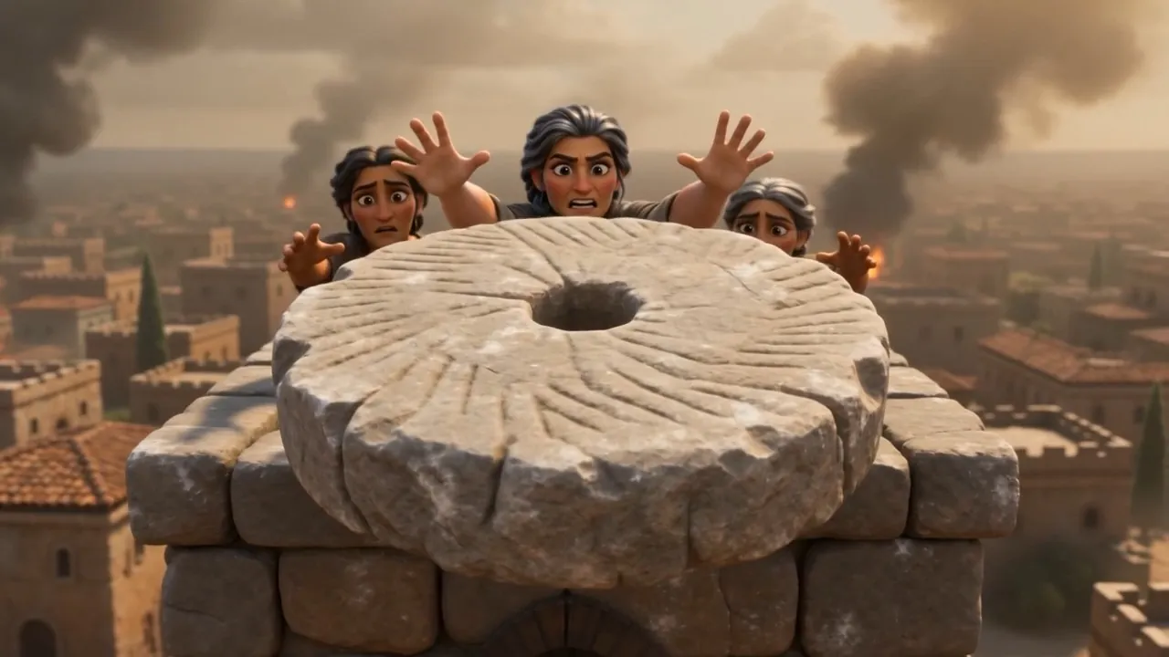 A millstone balanced on the wall's edge