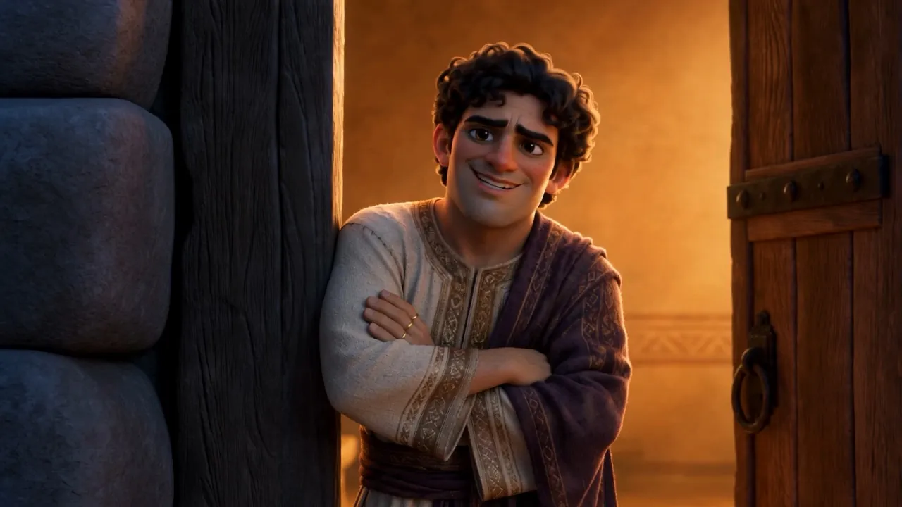 A man leans in a lit doorway, arms folded, smiling