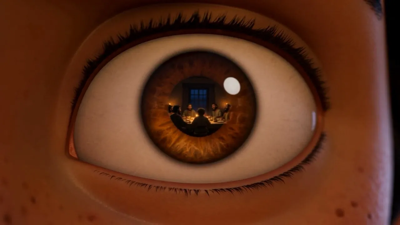 An eye, close — the lit house reflected in it