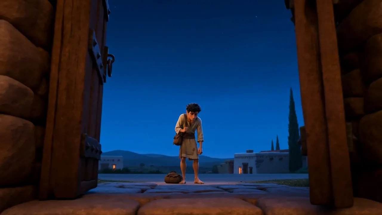 The town gate at blue hour, one man in it