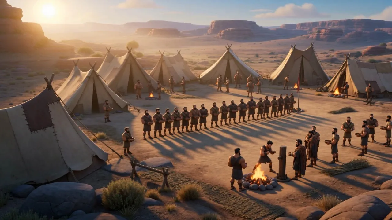 A camp of tents in red rock country at dawn