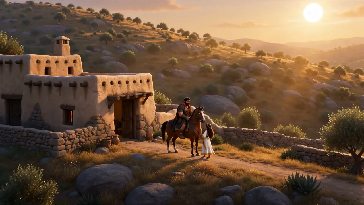 A rider comes up a track toward a house on a hill at sunset