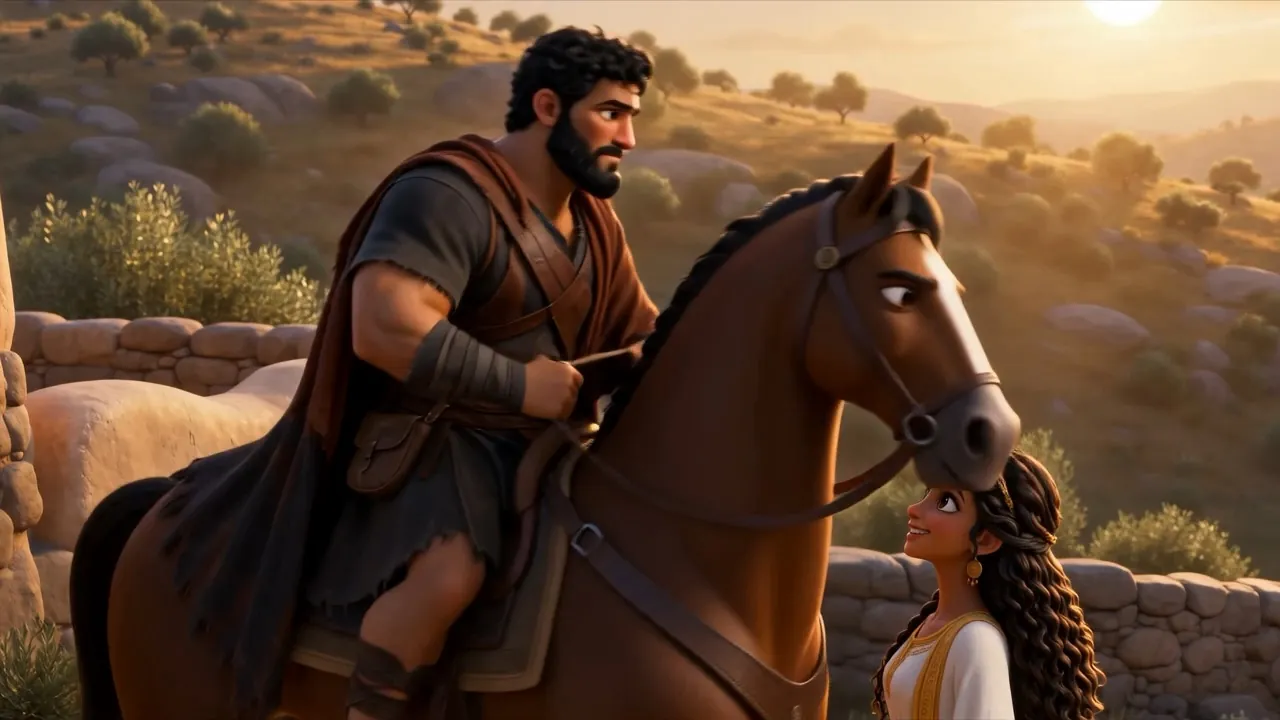 He reins in, laughing, and comes down off the horse