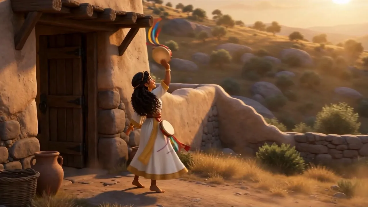 A girl comes out of the doorway with a tambourine
