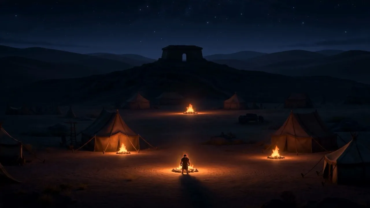 A camp at night, one man sitting apart at a small fire