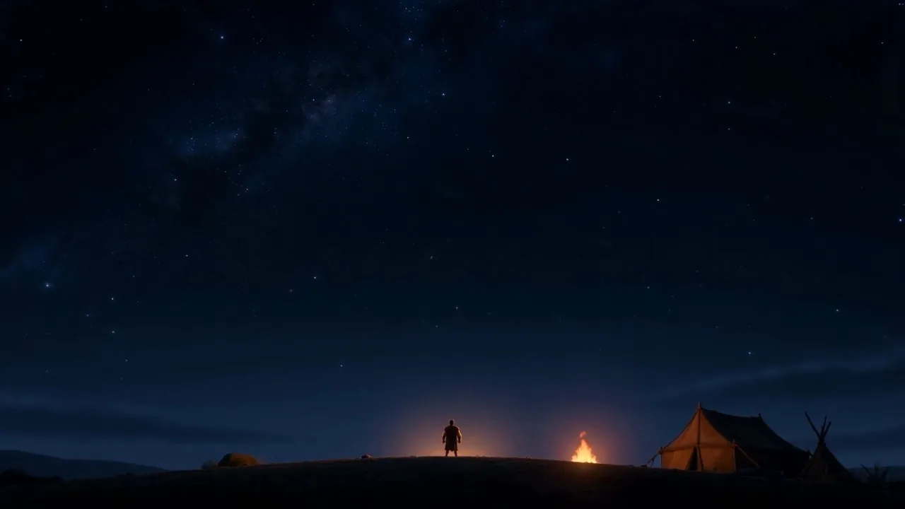 One tiny figure and one fire in a very large dark