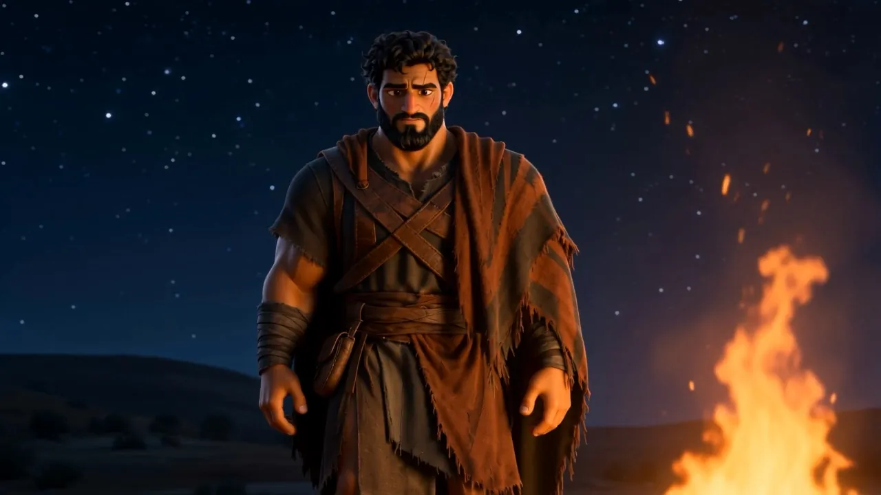 He stands up beside the flames