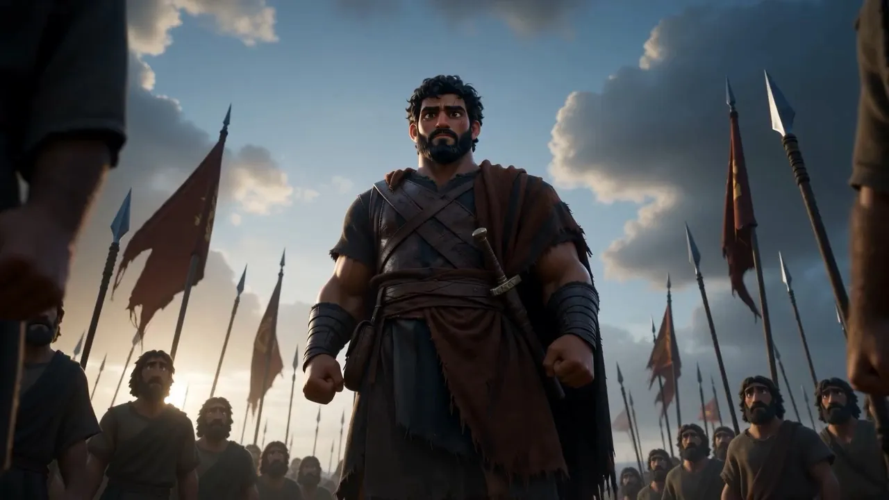 A man walks forward at the head of an army under banners