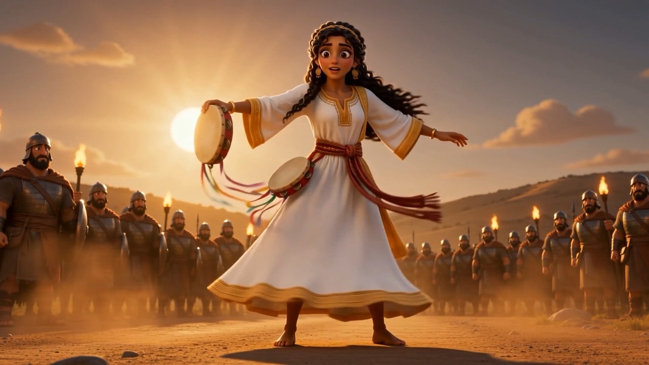 A girl dancing out into the road with a tambourine to meet the returning army