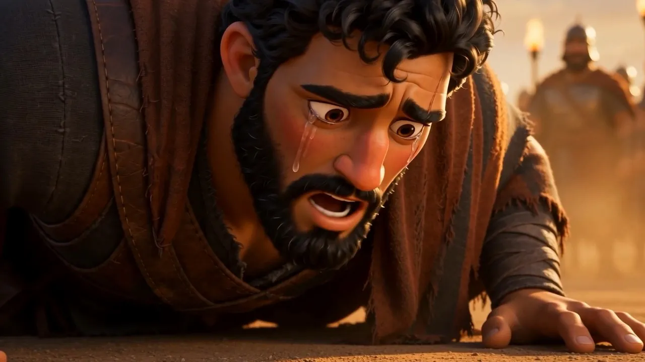 He is off the horse and on his knees in the dust