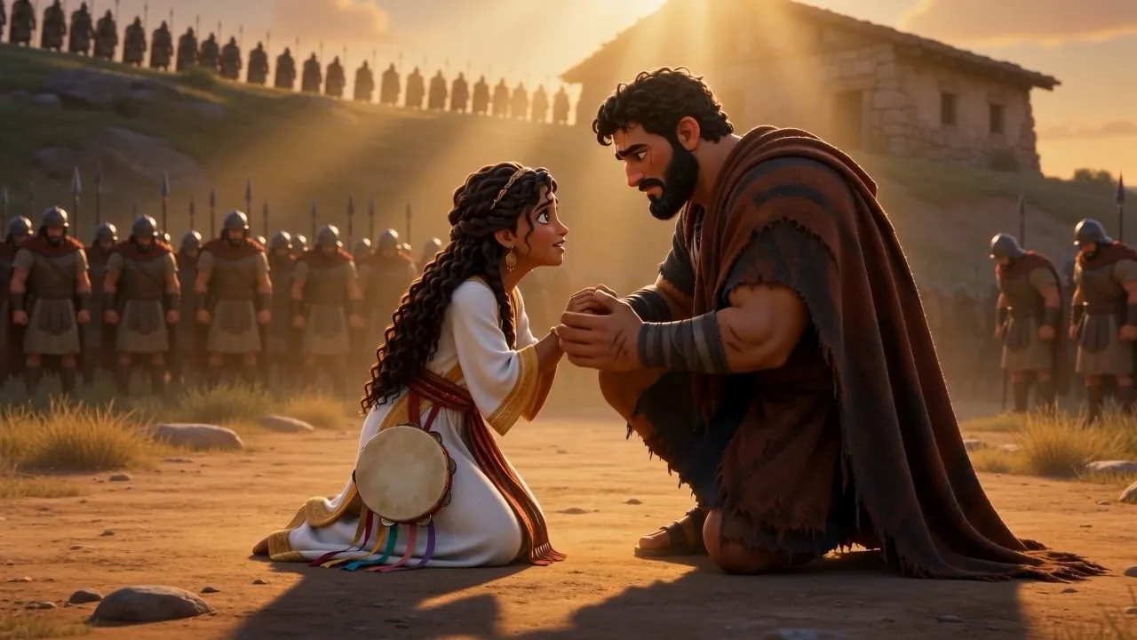 She kneels down in front of him and takes his hands