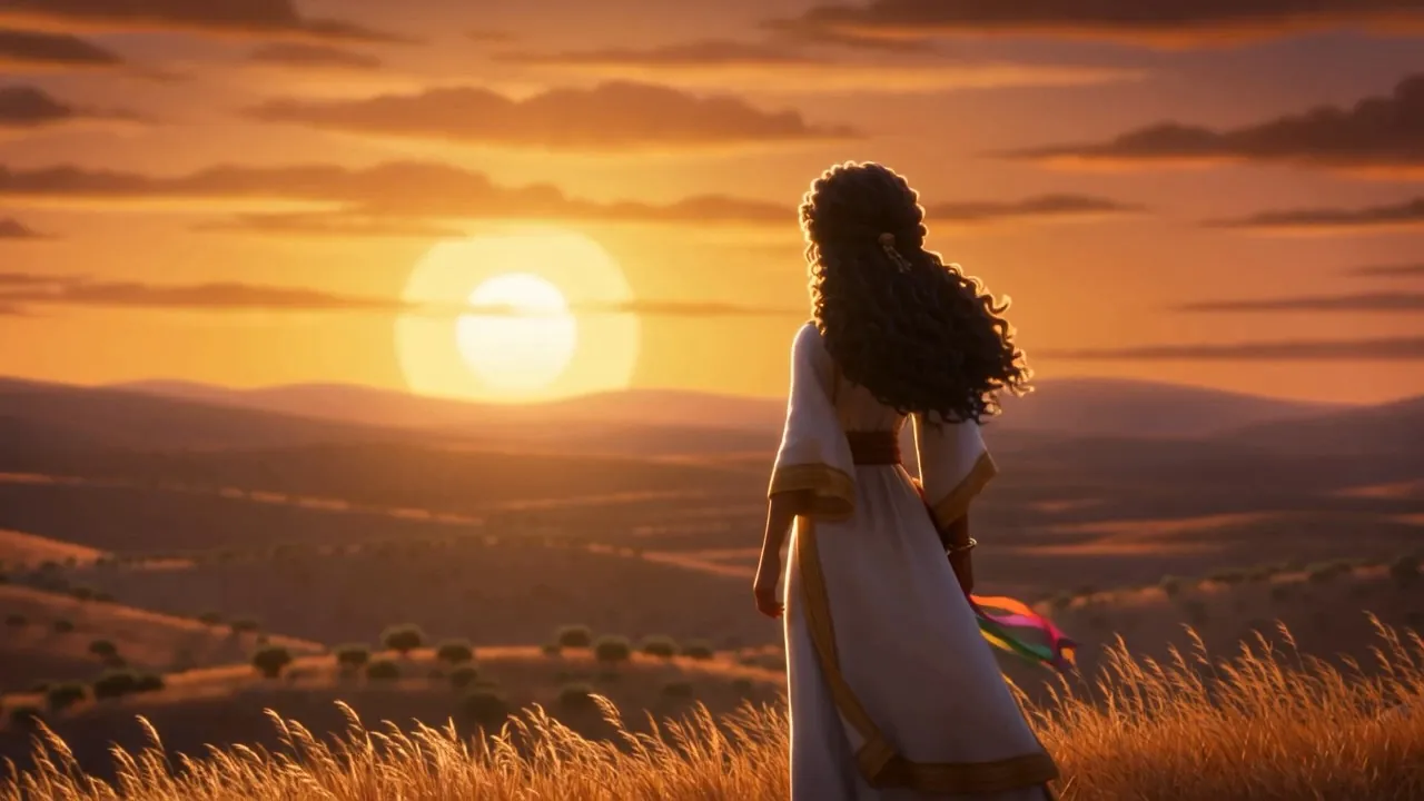 Sunset — she walks back the way she came