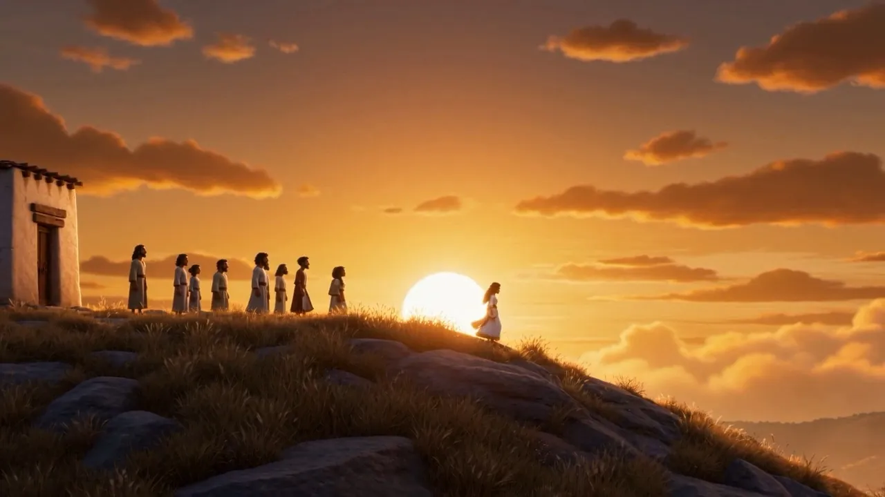 The village comes out onto the hill to meet her