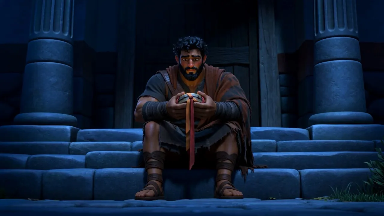 A man sitting alone on stone steps at night