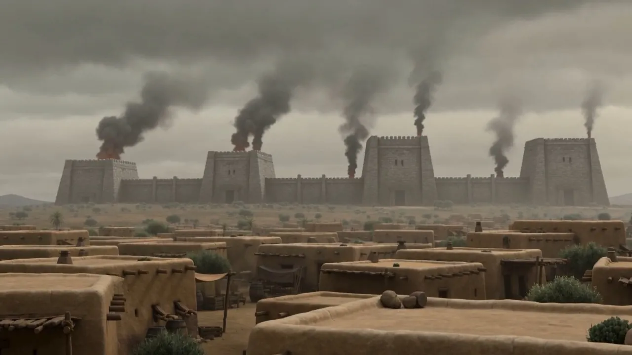 A Philistine garrison smokes on the ridge above the town