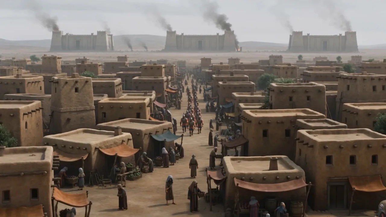 An Israelite market street under Philistine guard