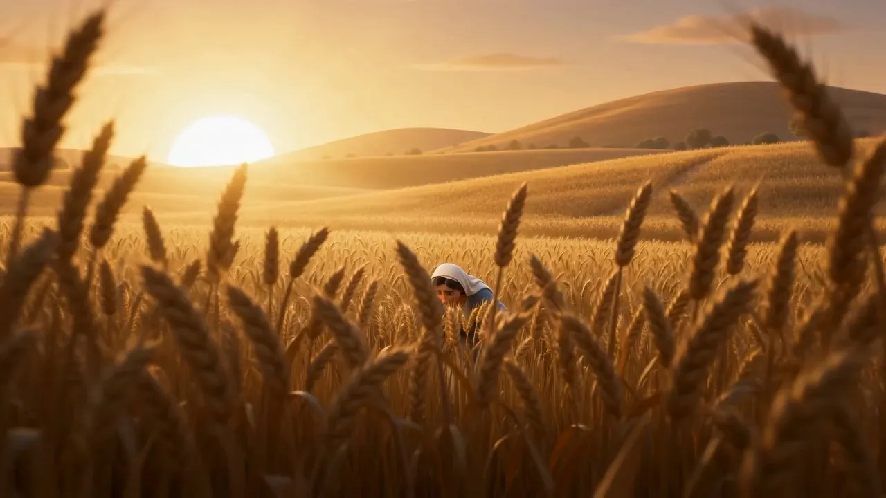 A wheat field at sunrise, one woman working it alone