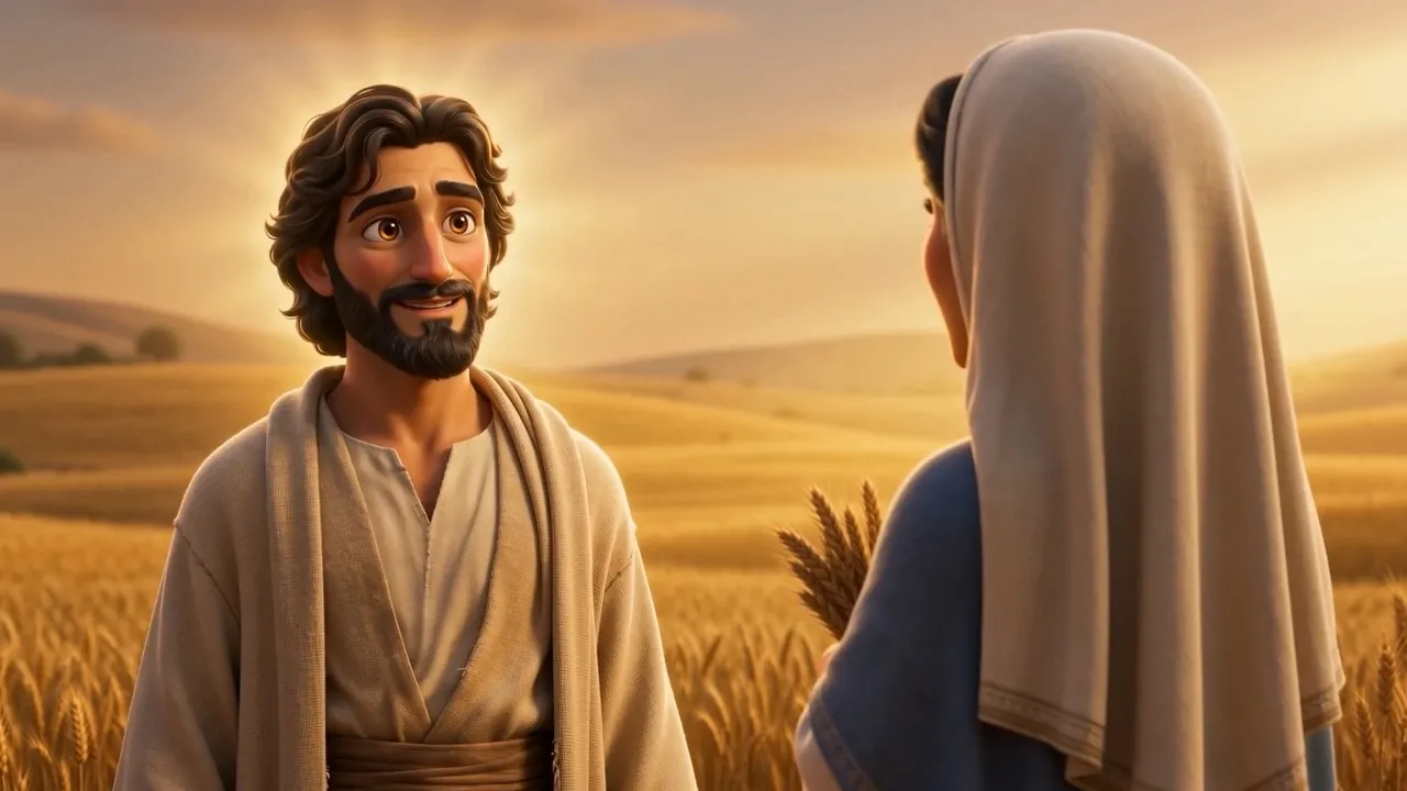 He speaks to her in the gold light