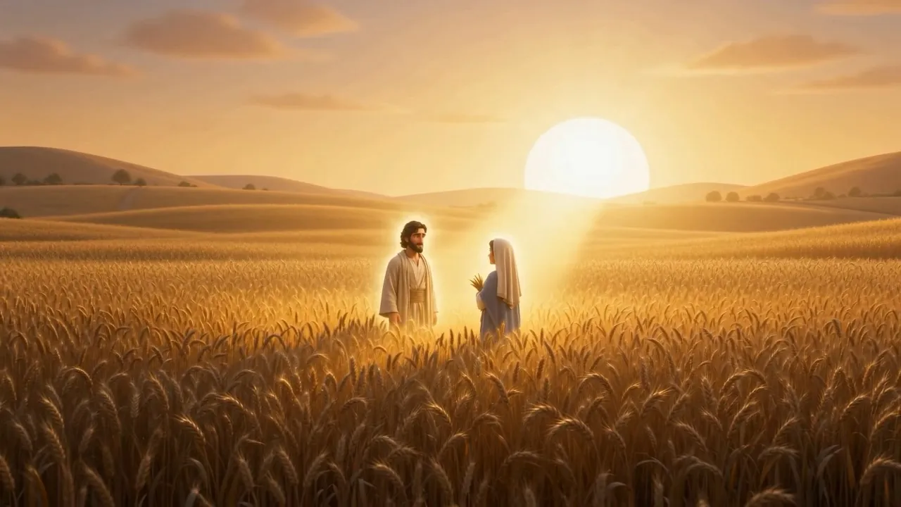 Two small figures in an ocean of wheat