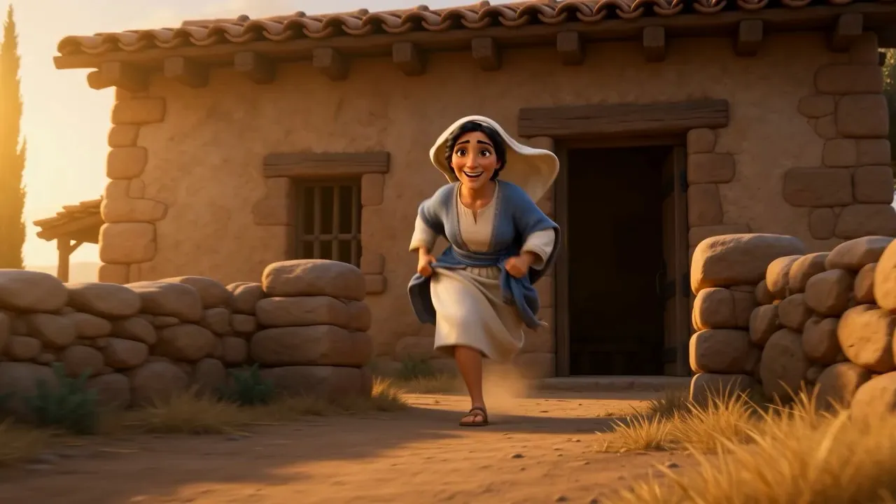 She runs down the hill toward the house