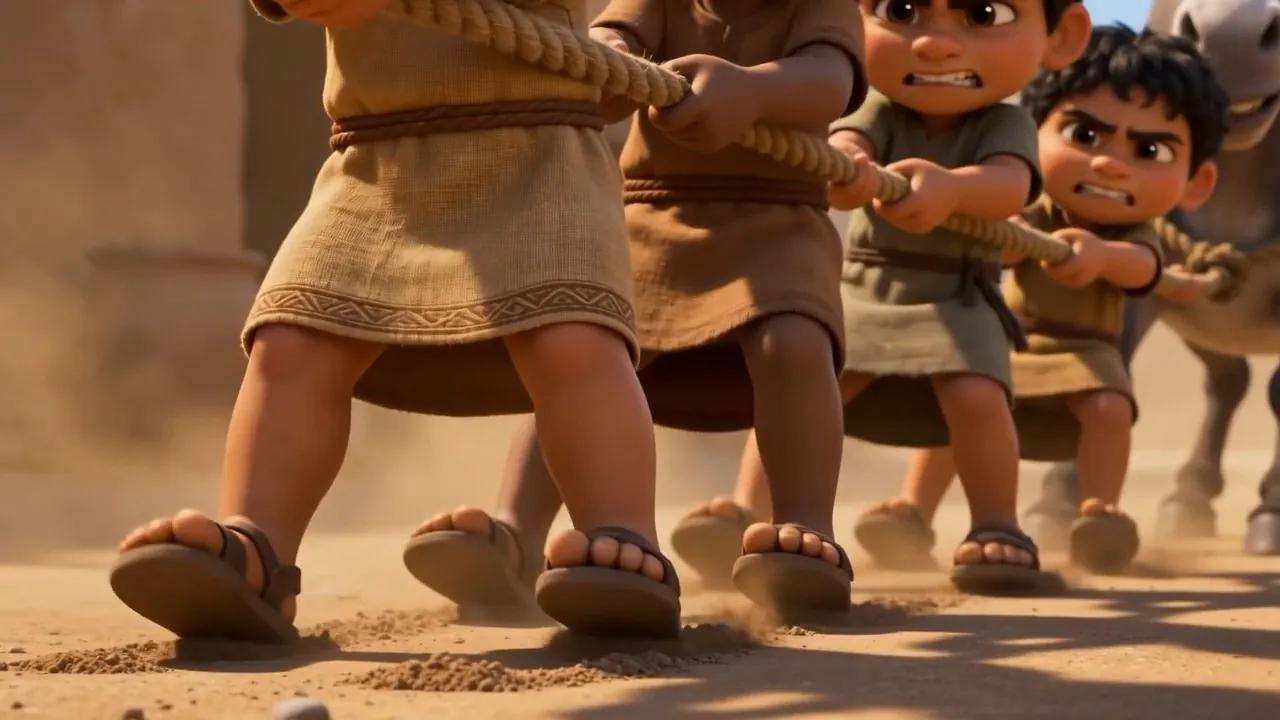 In the street, a line of boys and a donkey heave on a rope