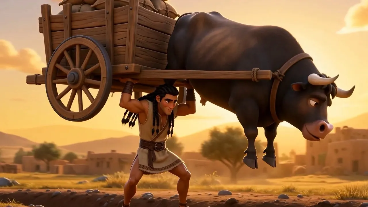 A young man lifts the cart — with the ox still yoked to it