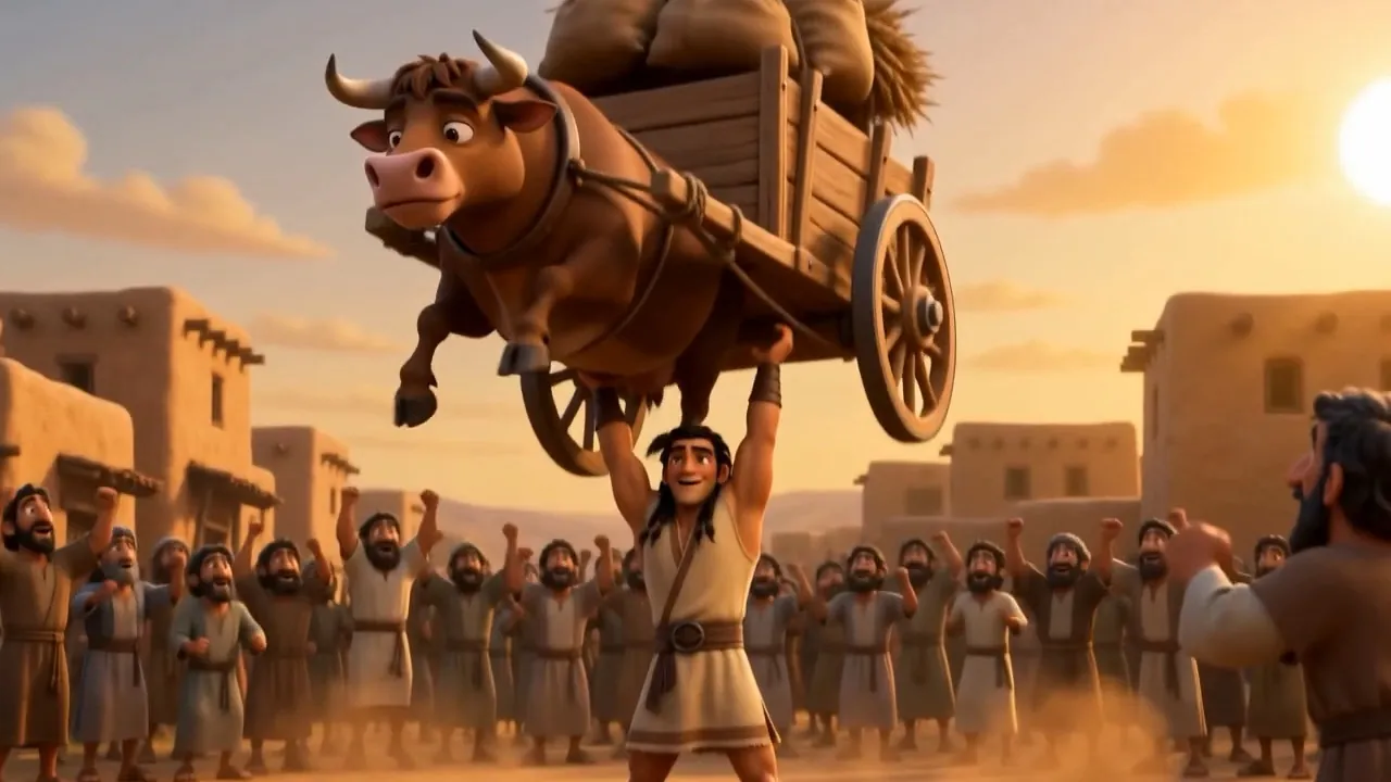 He carries the whole thing overhead down the road