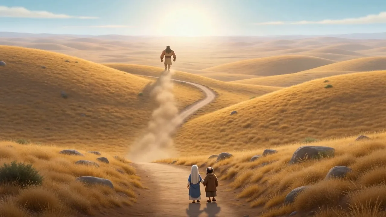 Two small figures far behind one big one on the road