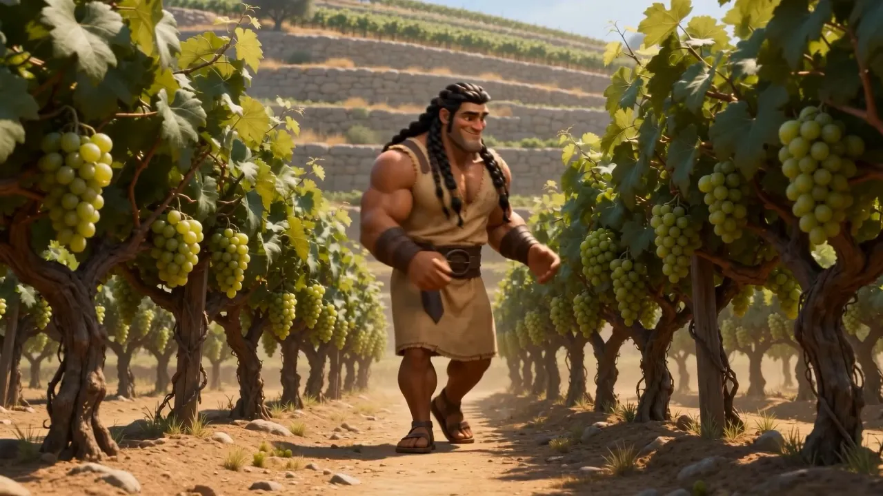 Vine rows run up the hillside toward Timnah