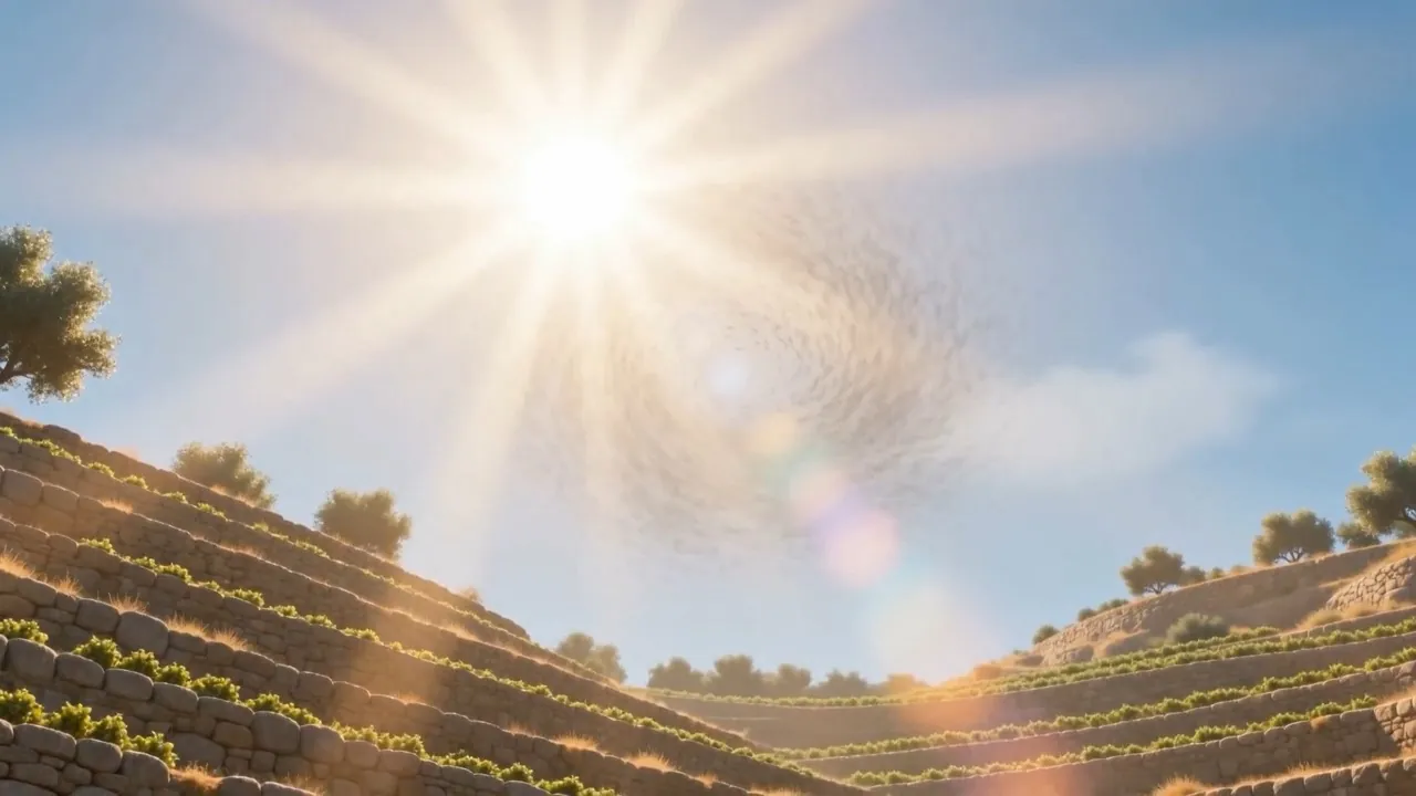 The swarm settles over the hillside rows